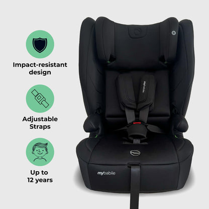 My Babiie MBCS80 Foldable Toddler to Booster R129 Child Car Seat - ISOFIX with Top Tether, Harness, 76-150cm (Approx. 9-36kg, 15 Months - 12 Years), i-Size, Group 1/2/3, Forward Facing - Black