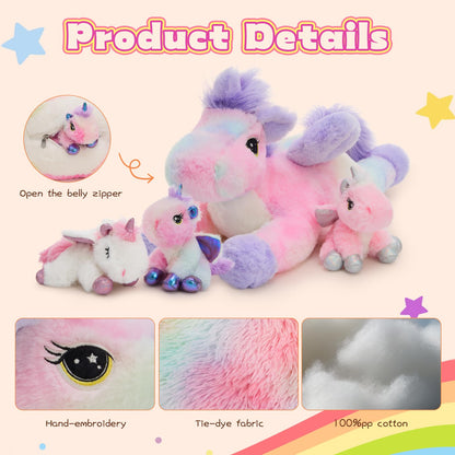 MorisMos Big Unicorn Teddy Stuffed Animal, 50cm Mom with 3 Cuddly Baby Inside, Giant Fluffly Soft Toy Realistic Kawaii Gift for Kids Birthday Deco