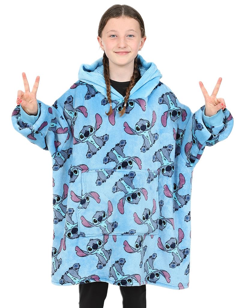 Disney Lilo and Stitch girls' blue oversized fleece hoodie blanket with fun character print, cozy and stylish for kids.