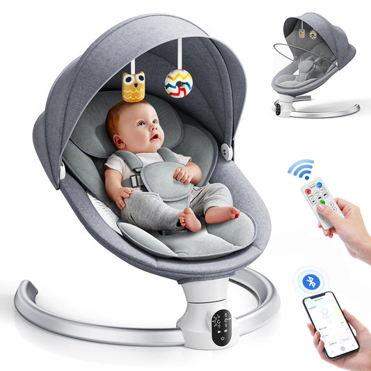 Aoykkii Electric Baby Bouncer Chair with Mobile App Control,Remote Control and IMD Touch Panel,Electric Baby Swing with 5 Swing Amplitudes 3-Stage Timer,Soft Padded Lamb Newborn Bouncer (Grey)
