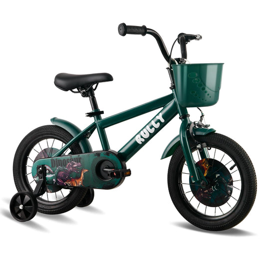 RULLY Dinosaur 12 Inch Boy's Bike for 2 3 year kid,Green theme designs kids bicycle with Removable Training Wheels,Coaster Brake and Handbrake, Basket