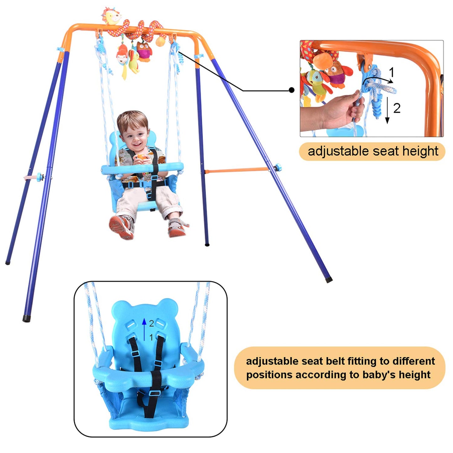 DRM toddler swing set with supportive baby seat and spiral hanging toys, suitable for indoor and outdoor play for children