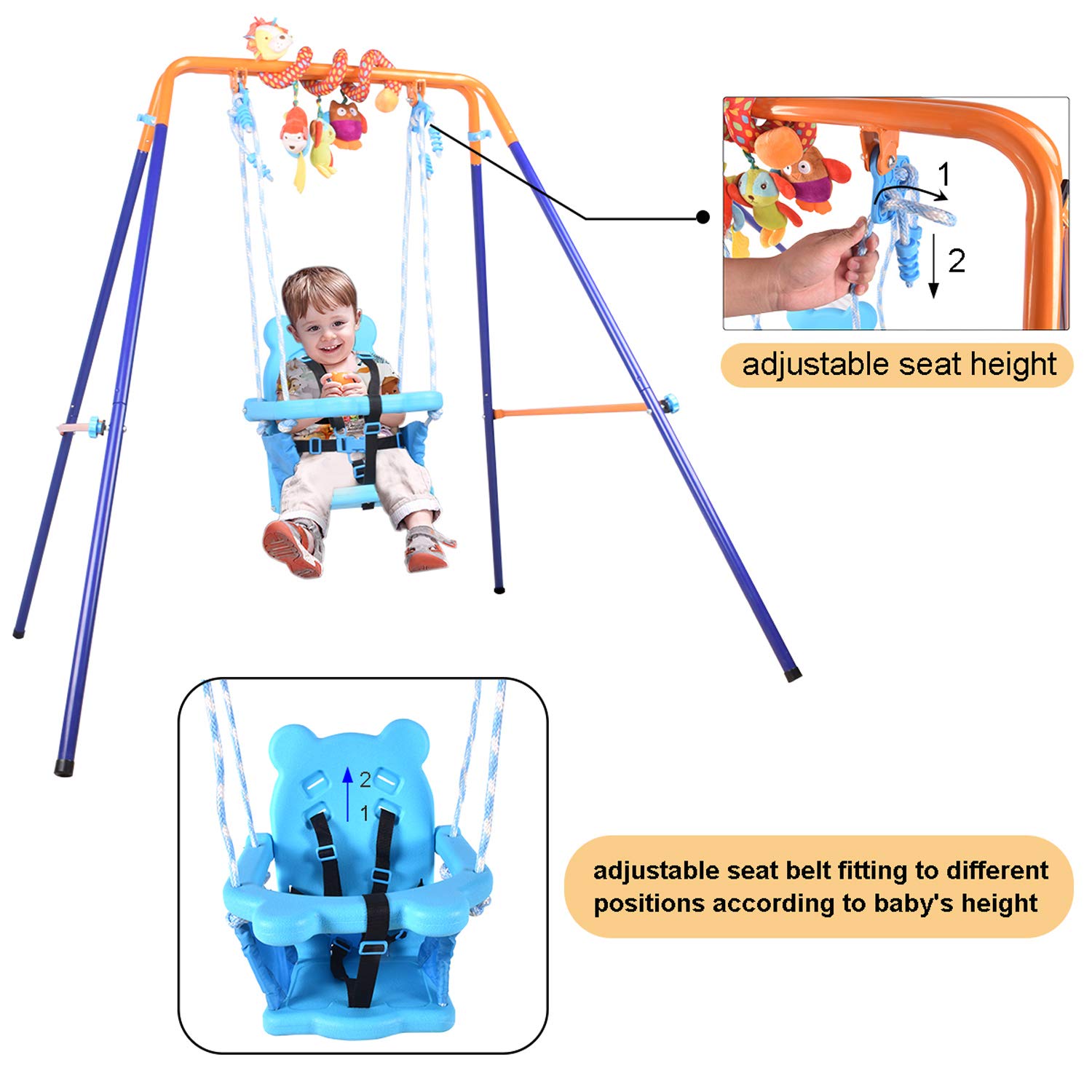 DRM toddler swing set with supportive baby seat and spiral hanging toys, suitable for indoor and outdoor play for children