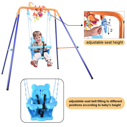 DRM toddler swing set with supportive baby seat and spiral hanging toys, suitable for indoor and outdoor play for children