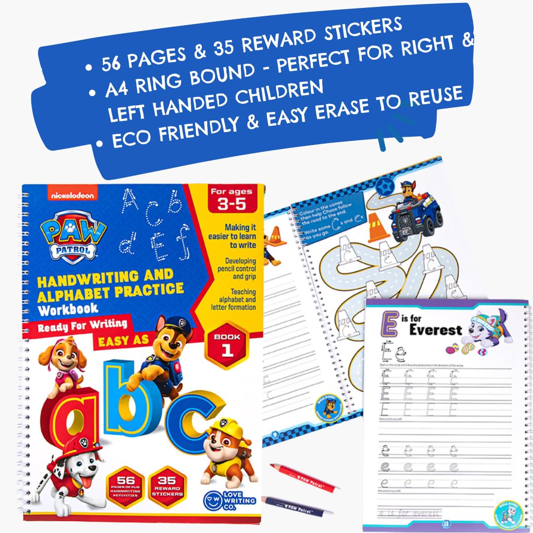 Love Writing Co. The Ultimate PAW PATROL Learn To Write The Alphabet Bundle -Children Age 3-5 - My First Handwriting and Letter Formation Activity Book, Tripod Grip Pencils and Colour Pencils