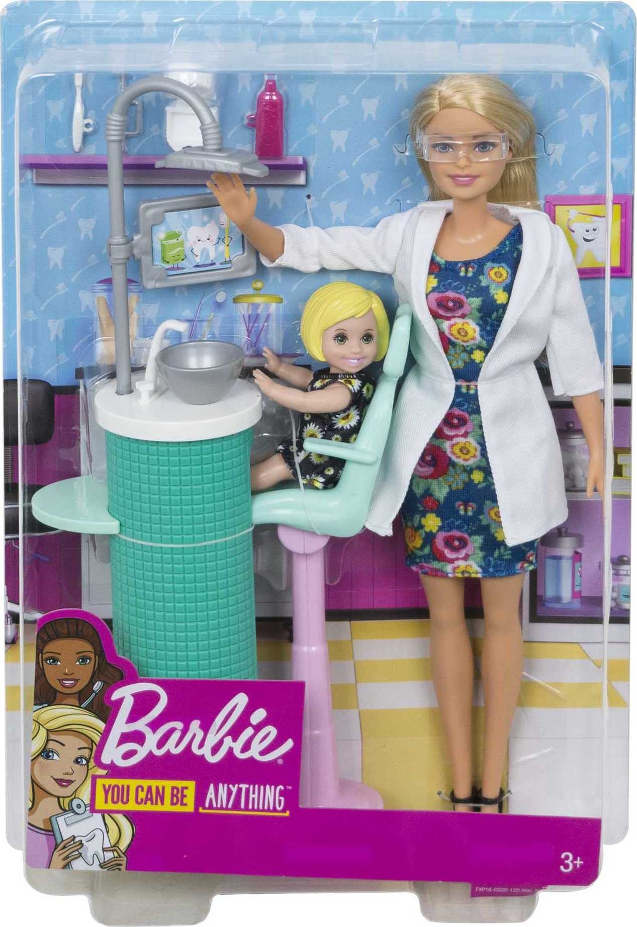 Barbie FXP16 Dentist Doll playset with colorful accessories, featuring a 32.6 cm tall Barbie doll for imaginative dental role-play.