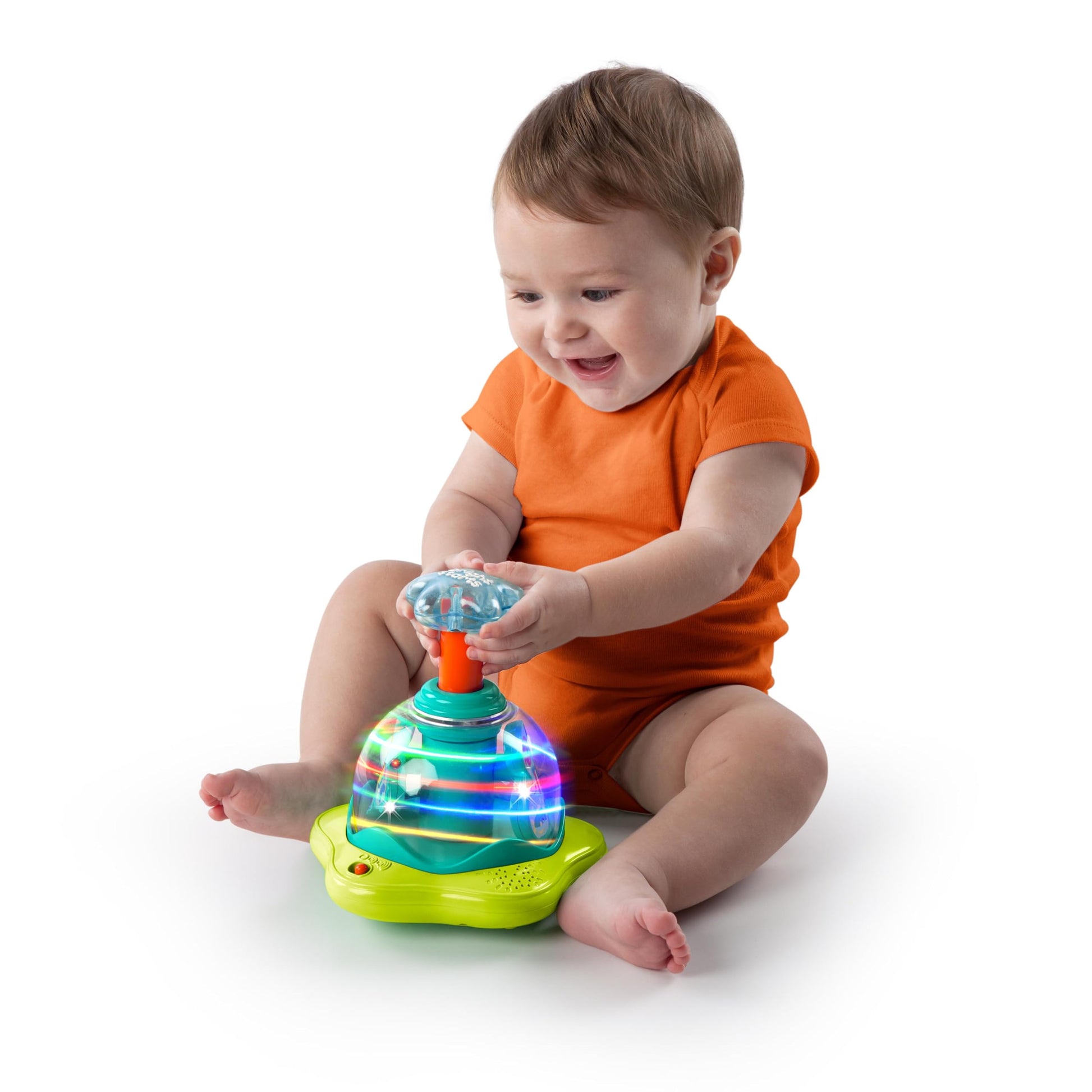 Bright Starts Press and Glow Spinner musical baby toy with multicoloured design for ages 6 months and up, featuring cause and effect functions.