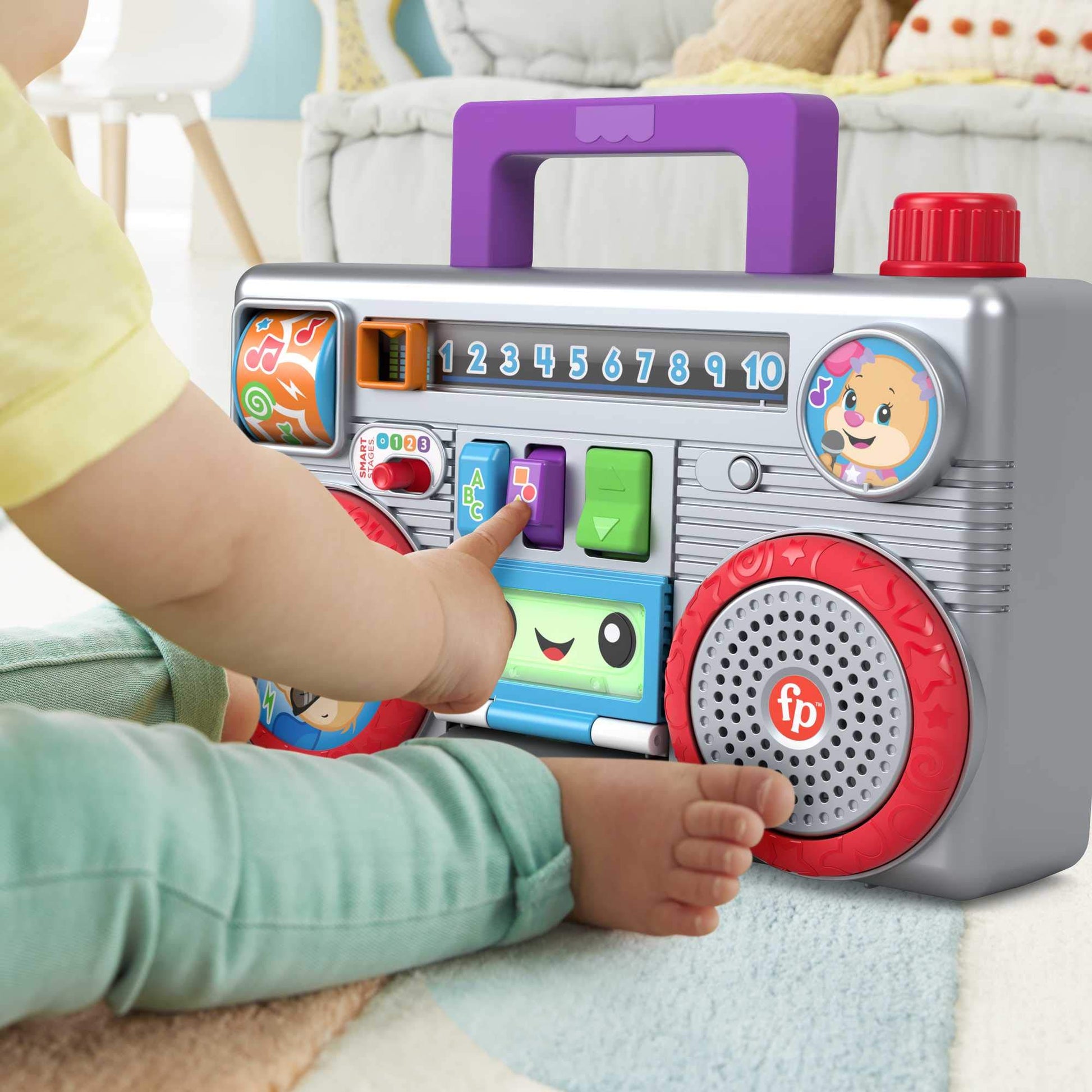 Fisher-Price Laugh & Learn Busy Boombox infant musical toy with colorful buttons and learning features for babies and toddlers