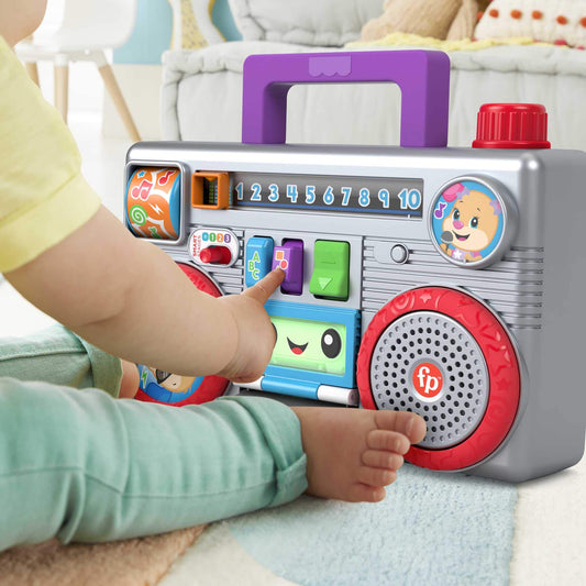 Fisher-Price Laugh & Learn Busy Boombox infant musical toy with colorful buttons and learning features for babies and toddlers