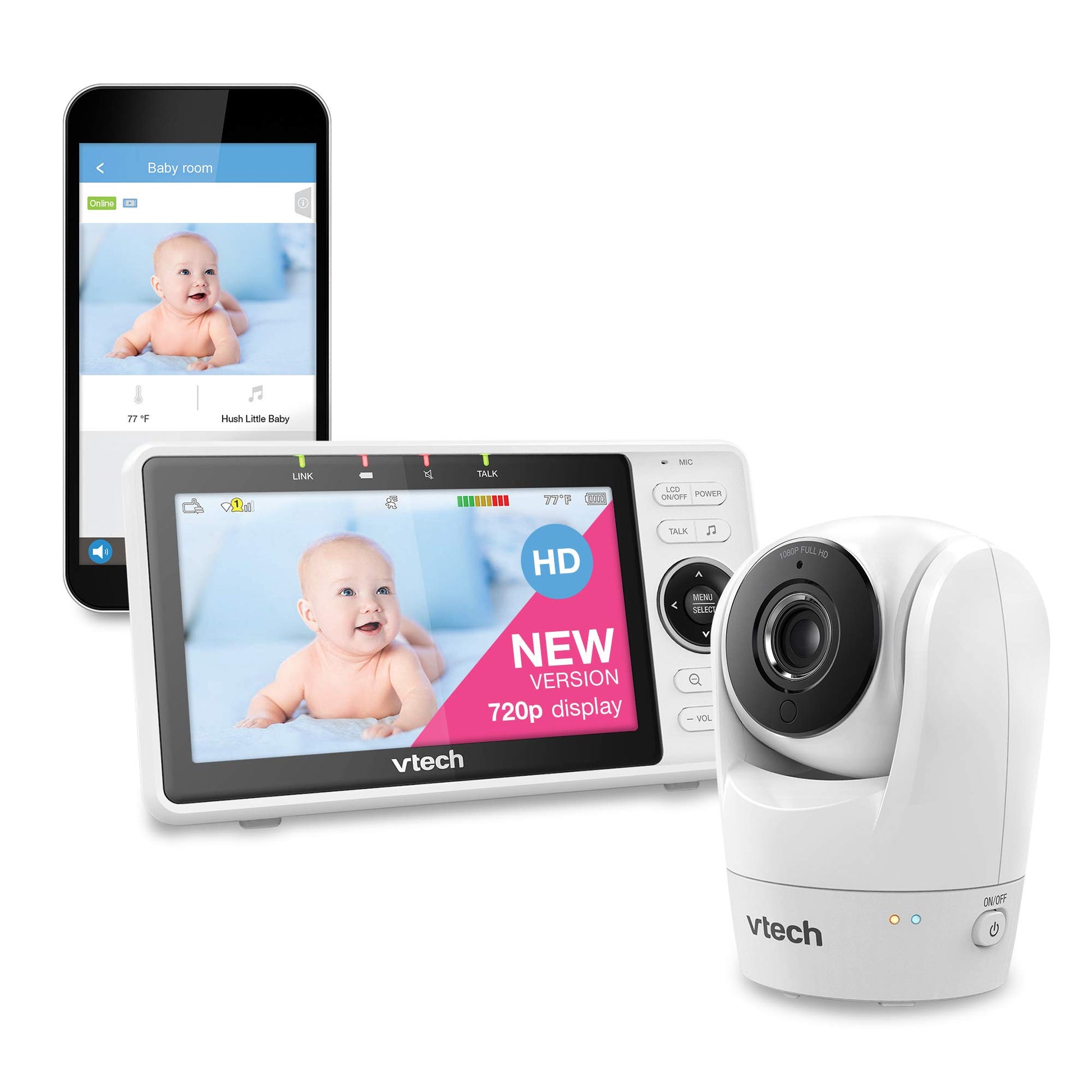 VTech VM901 smart Wi-Fi baby monitor with 5-inch 720p display, remote pan tilt zoom, night vision, and two-way talk.