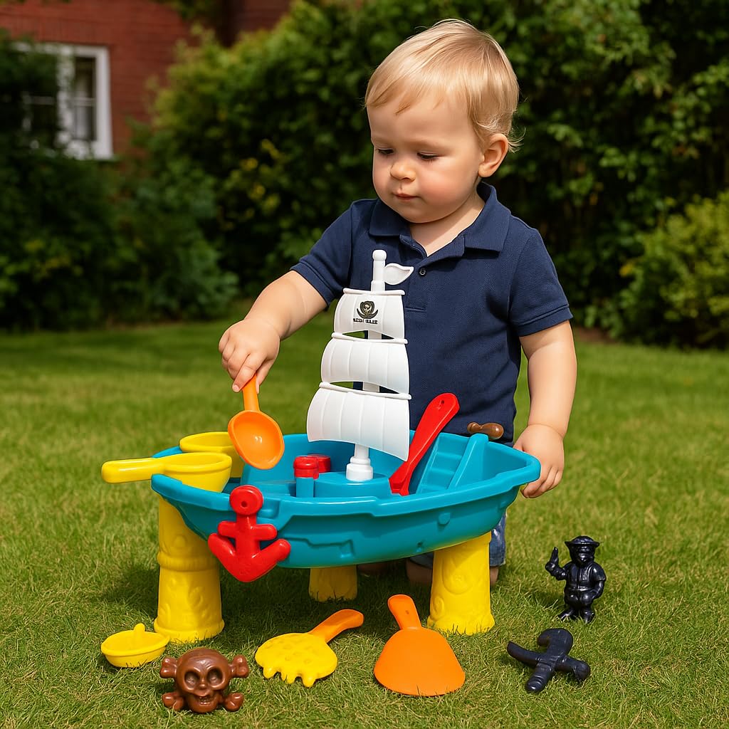 Inside Out Toys Sand and Water Play Table, Pirate Ship with Water Slide and Water Spin Wheel, Plenty of Accessories to enjoy Sand or Water Play