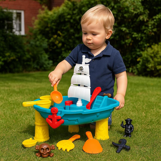 Inside Out Toys Sand and Water Play Table, Pirate Ship with Water Slide and Water Spin Wheel, Plenty of Accessories to enjoy Sand or Water Play