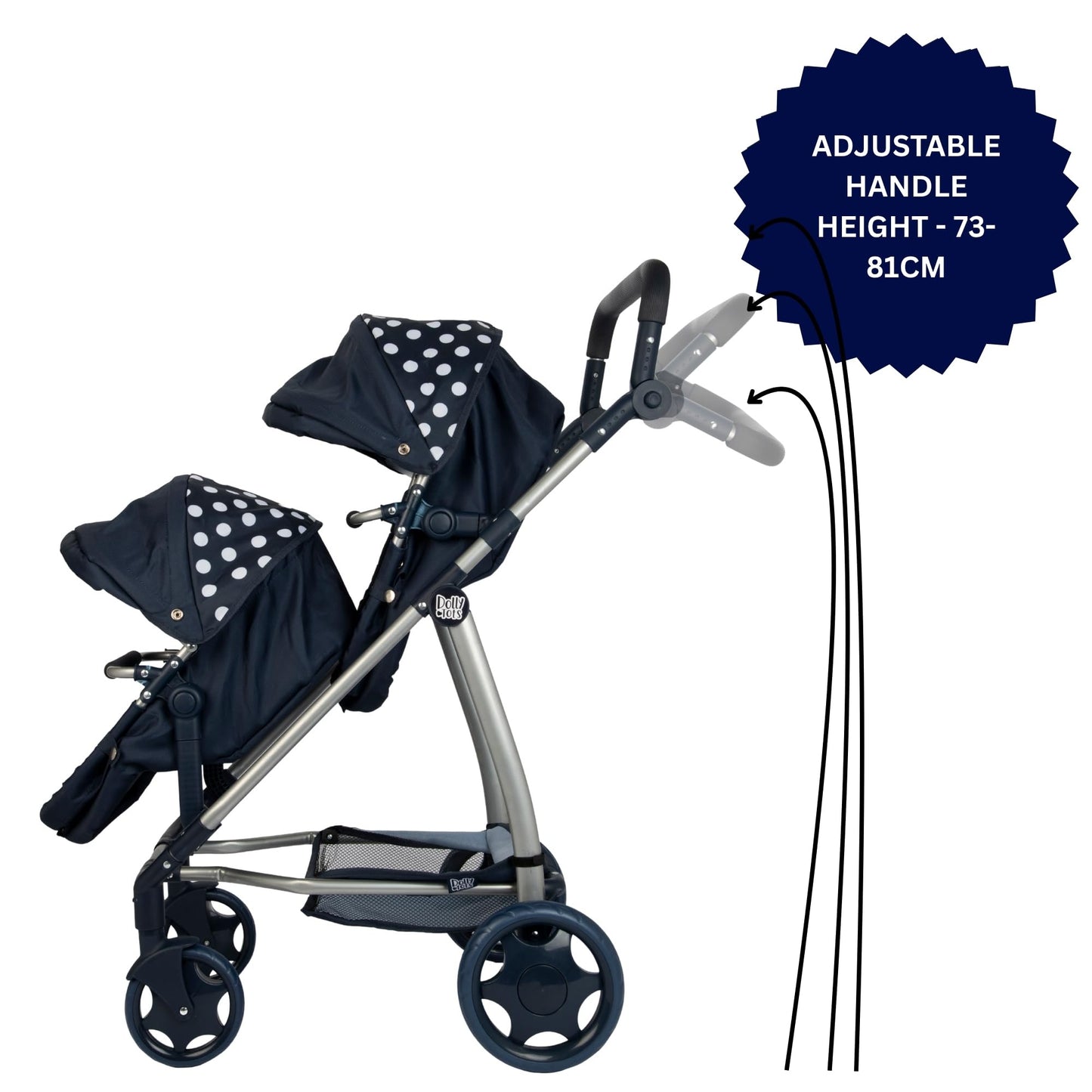 Dolly Tots Twin Pushchair | Navy Polka Dot Double Pushchair | Double Dolls Pram with Adjustable Height Handle And Multiple Seat Options | Foldable Childrens Dolls Pram | Suitable For Ages 3+