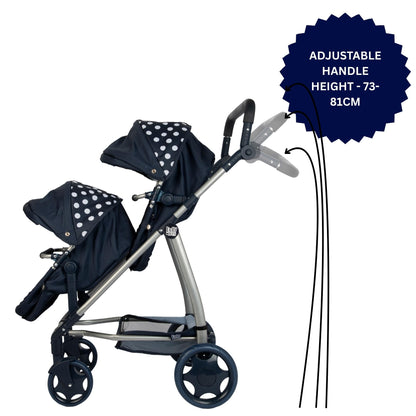 Dolly Tots Twin Pushchair | Navy Polka Dot Double Pushchair | Double Dolls Pram with Adjustable Height Handle And Multiple Seat Options | Foldable Childrens Dolls Pram | Suitable For Ages 3+