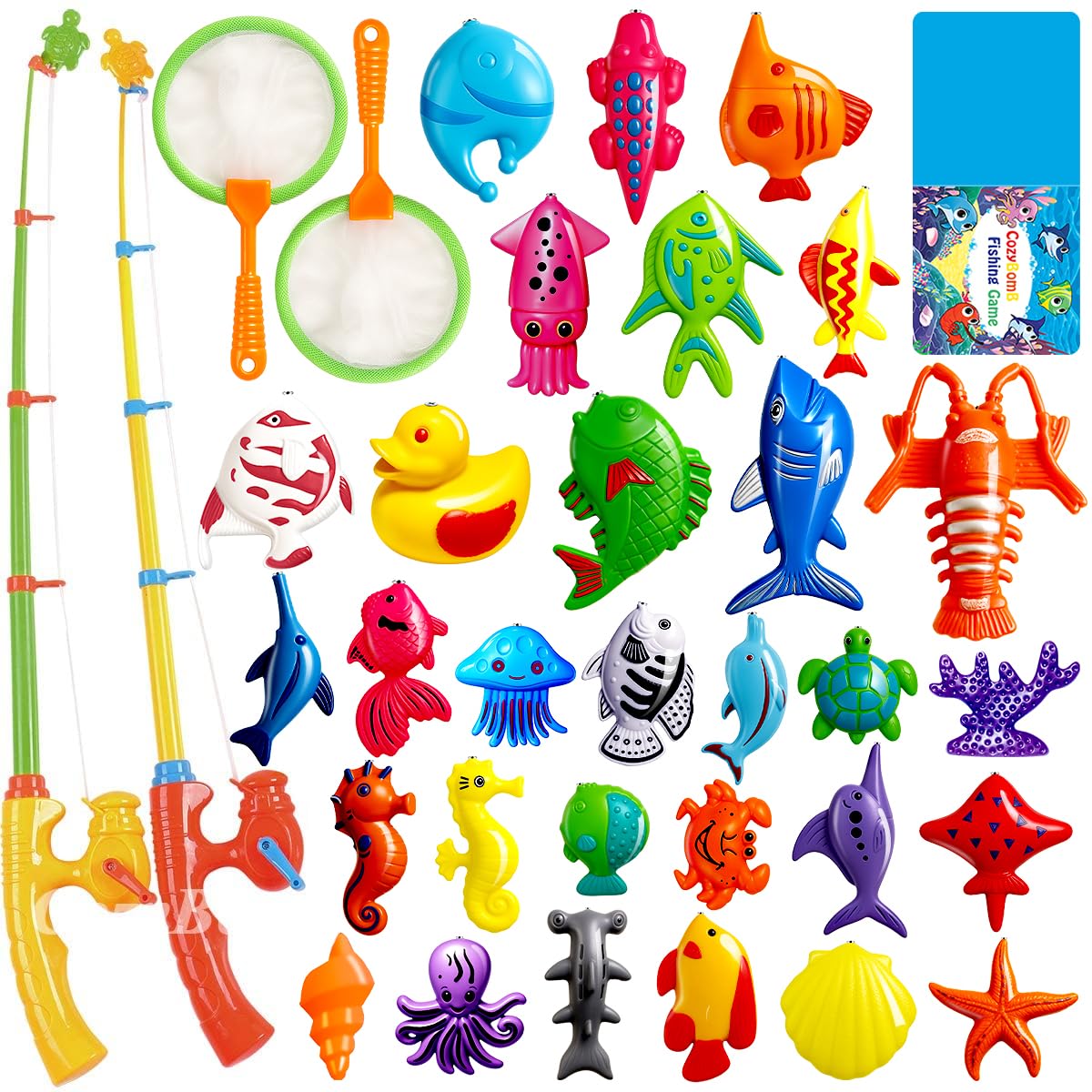 CozyBomB Magnetic Fishing Toys Game Set for Kids for Bath Time Pool Party with Pole Rod Net, Plastic Floating Fish - Toddler Education Teaching Christmas Birthday Gifts