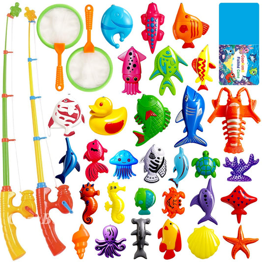 CozyBomB Magnetic Fishing Toys Game Set for Kids for Bath Time Pool Party with Pole Rod Net, Plastic Floating Fish - Toddler Education Teaching Christmas Birthday Gifts