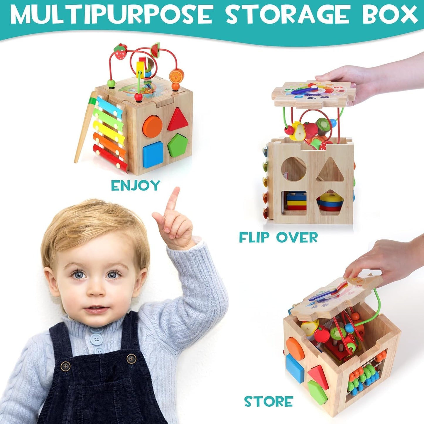 HELLOWOOD wooden activity cube for babies featuring bead maze, shape sorter, abacus, xylophone, clock, and educational STEM toys for toddlers.