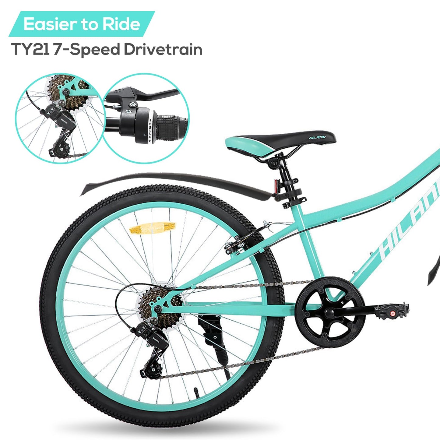 Hiland Mountain Bike 24 Inch, 7 Speed Boys Girls Mountain Bicycle with Suspension Fork V-brakes, 24 Inch MTB Mountian Bike for Kids, Mint Green