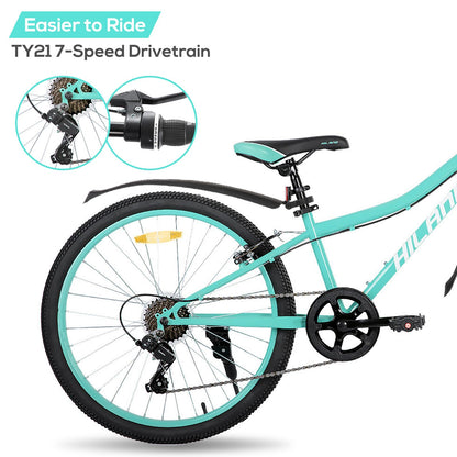 Hiland Mountain Bike 24 Inch, 7 Speed Boys Girls Mountain Bicycle with Suspension Fork V-brakes, 24 Inch MTB Mountian Bike for Kids, Mint Green