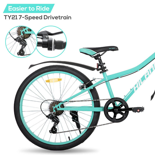 Hiland Mountain Bike 24 Inch, 7 Speed Boys Girls Mountain Bicycle with Suspension Fork V-brakes, 24 Inch MTB Mountian Bike for Kids, Mint Green