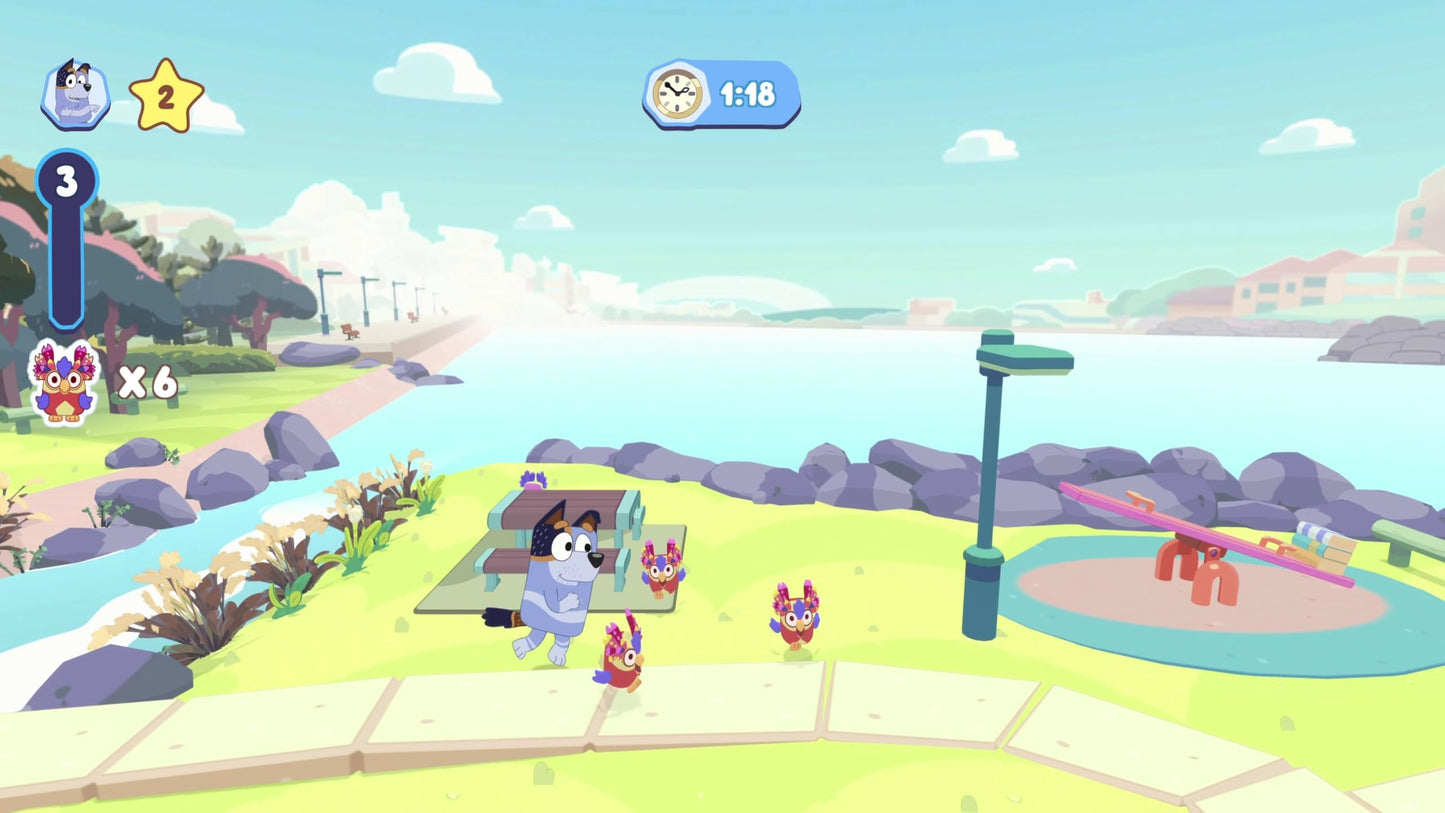 Bluey: The Videogame for Nintendo Switch, featuring Bluey and friends in colorful animated scenes from Outright Games.