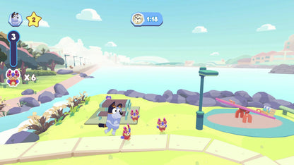 Bluey: The Videogame for Nintendo Switch, featuring Bluey and friends in colorful animated scenes from Outright Games.