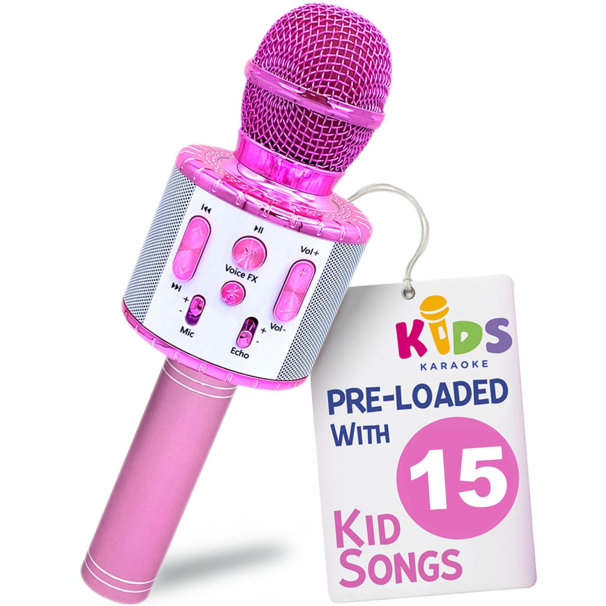 Move2Play kids karaoke microphone with Bluetooth and pre-loaded songs, suitable for children aged 2 to 5+ for fun singing activities.