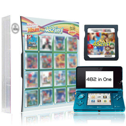 Warehouse Apps 482-in-1 DS and 3DS game cartridge showing multiple game titles on a black cartridge for Nintendo handheld consoles.