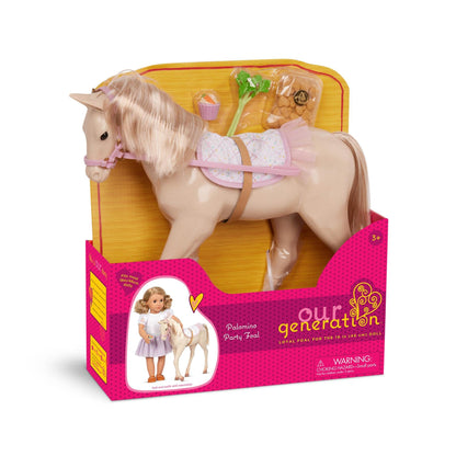 Our Generation Palomino Party Foal doll with birthday treats and 5-piece accessory set, 12 inches tall.