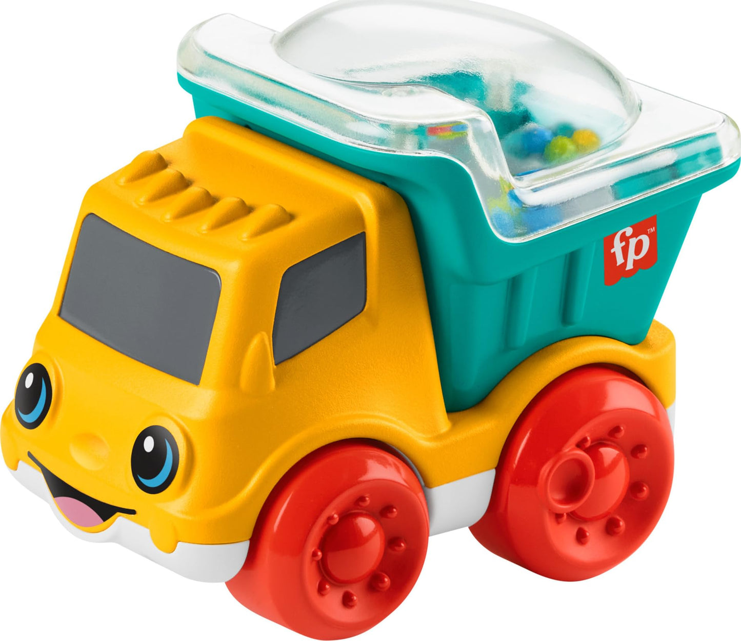 Fisher-Price Poppity Pop Dump Truck with colorful buttons and moving parts, designed for young children.