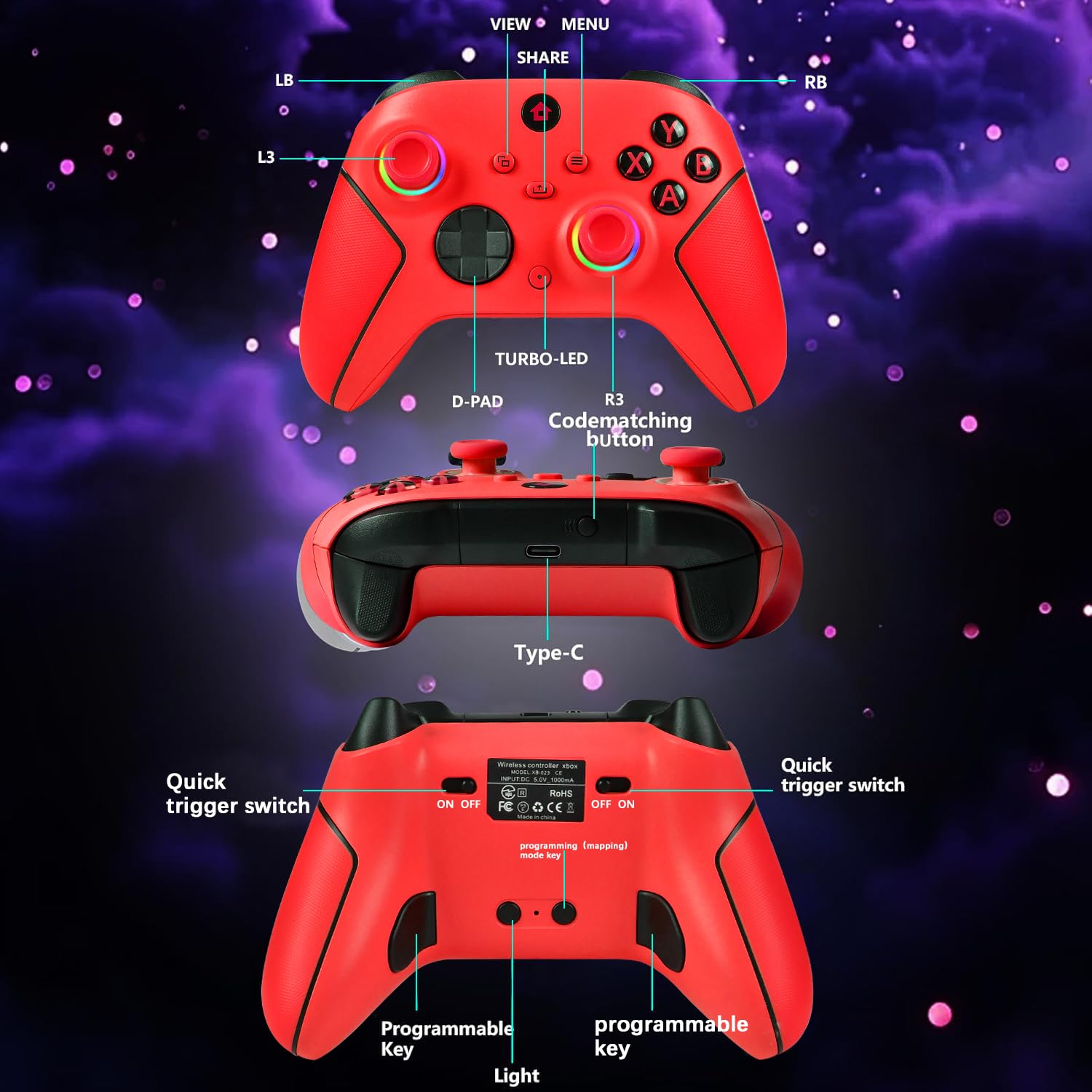 Lampelc Xbox wireless controller for Xbox Series X|S and Xbox One, black gamepad with ergonomic design and textured grips.