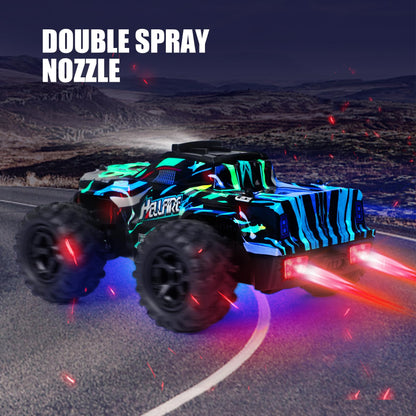 BAZADER 1:18 remote control RC truck with LED lights, all-terrain wheels, high speed, spray feature, perfect for kids and adults.