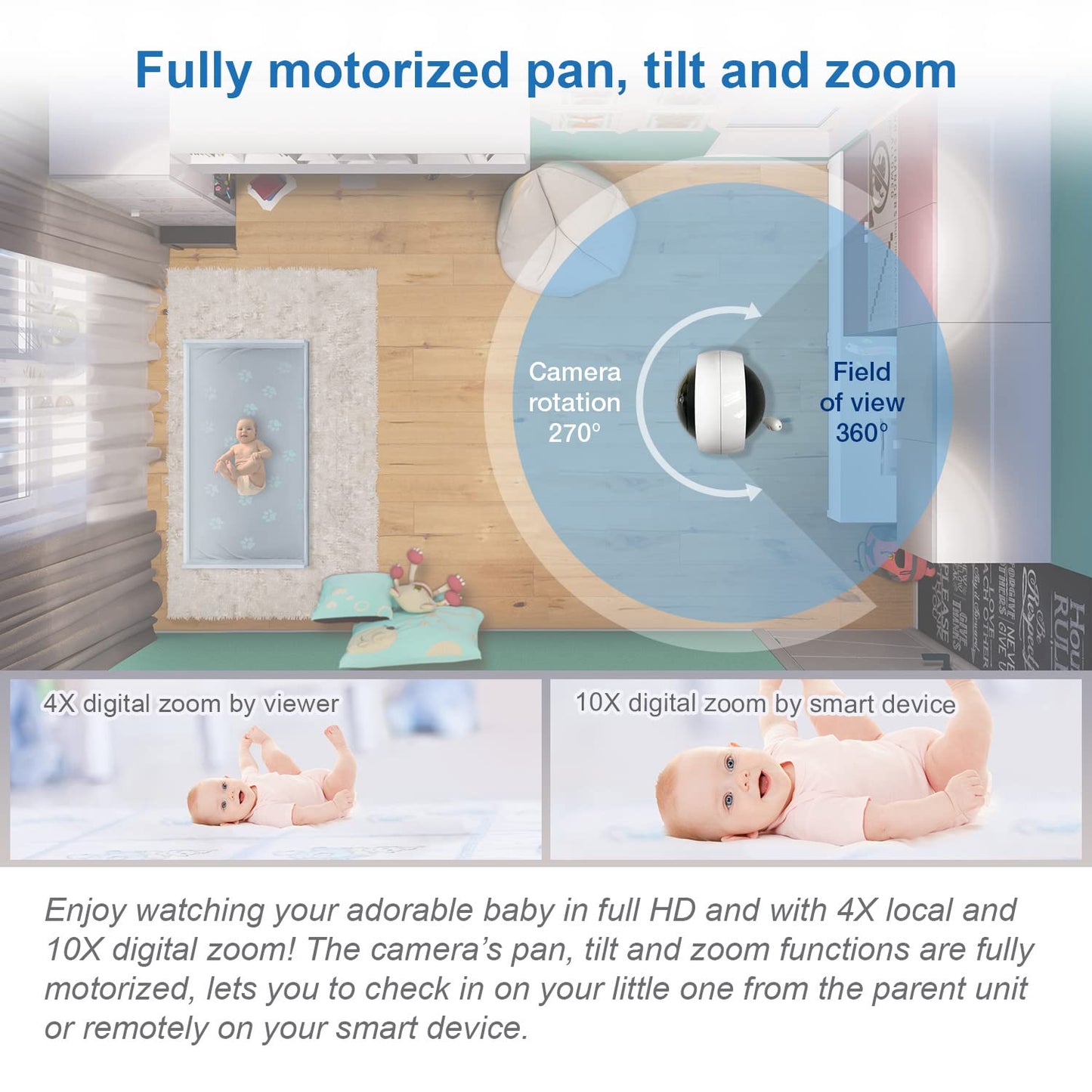 VTech RM7764-2HD baby monitor with two cameras, 360° pan and tilt, 10X zoom, 7-inch HD display, night vision, and two-way audio.