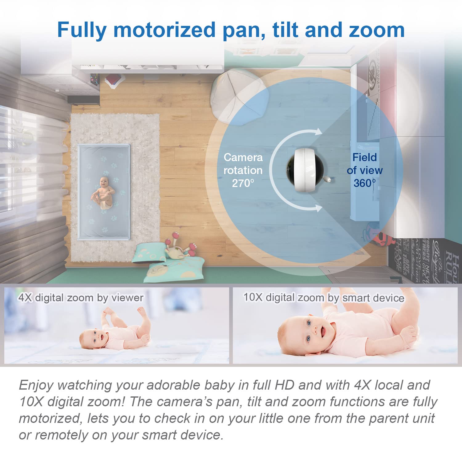 VTech RM7764-2HD baby monitor with two cameras, 360° pan and tilt, 10X zoom, 7-inch HD display, night vision, and two-way audio.