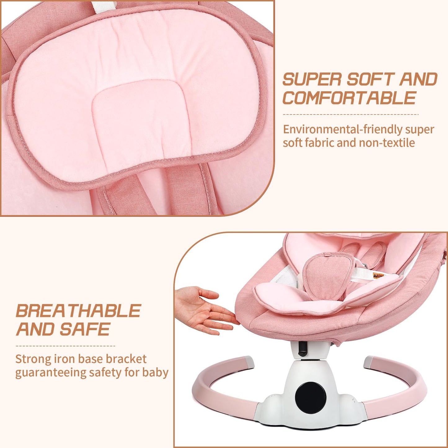Portable pink baby bouncer with electric swing, Bluetooth, 5 speeds, 10 lullabies, 5-point harness, remote, and touch panel.