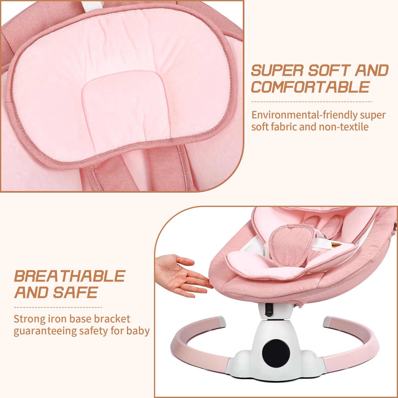 Portable pink baby bouncer with electric swing, Bluetooth, 5 speeds, 10 lullabies, 5-point harness, remote, and touch panel.