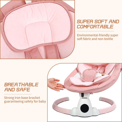 Portable pink baby bouncer with electric swing, Bluetooth, 5 speeds, 10 lullabies, 5-point harness, remote, and touch panel.