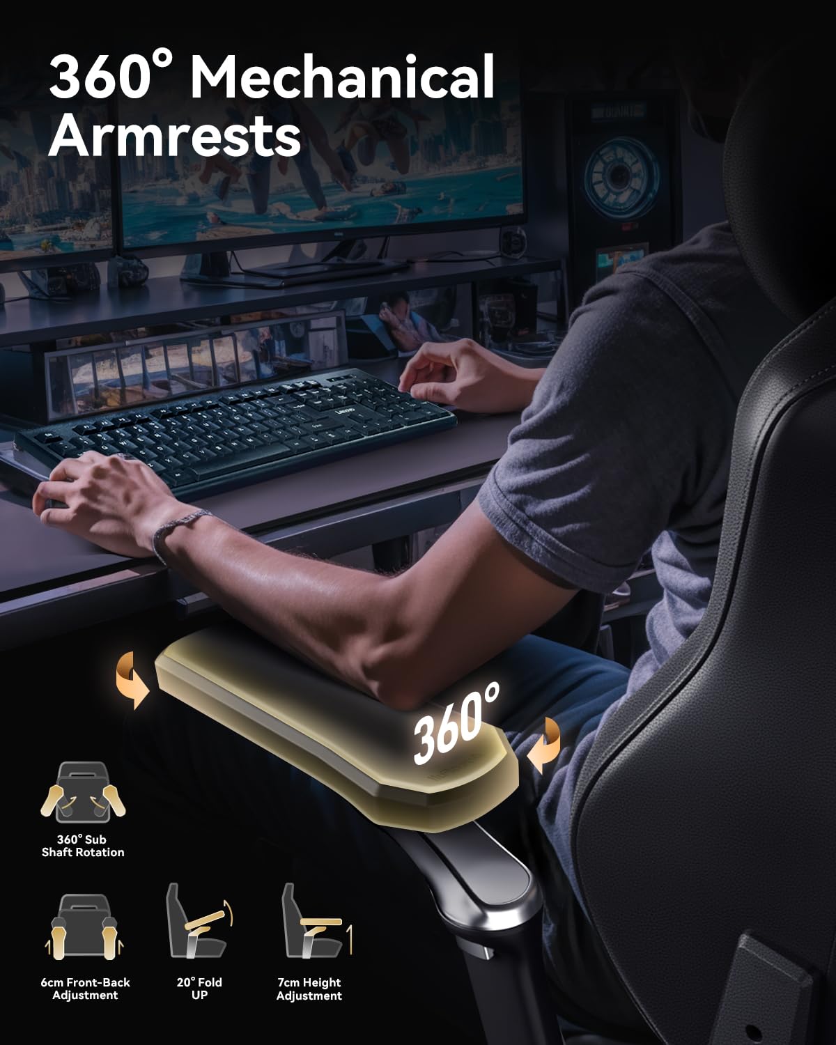 AutoFull M6 Ultra gaming chair in black with massage, adjustable armrests, 3D neck pillow, ergonomic design, and lumbar support.
