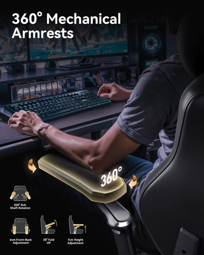AutoFull M6 Ultra gaming chair in black with massage, adjustable armrests, 3D neck pillow, ergonomic design, and lumbar support.