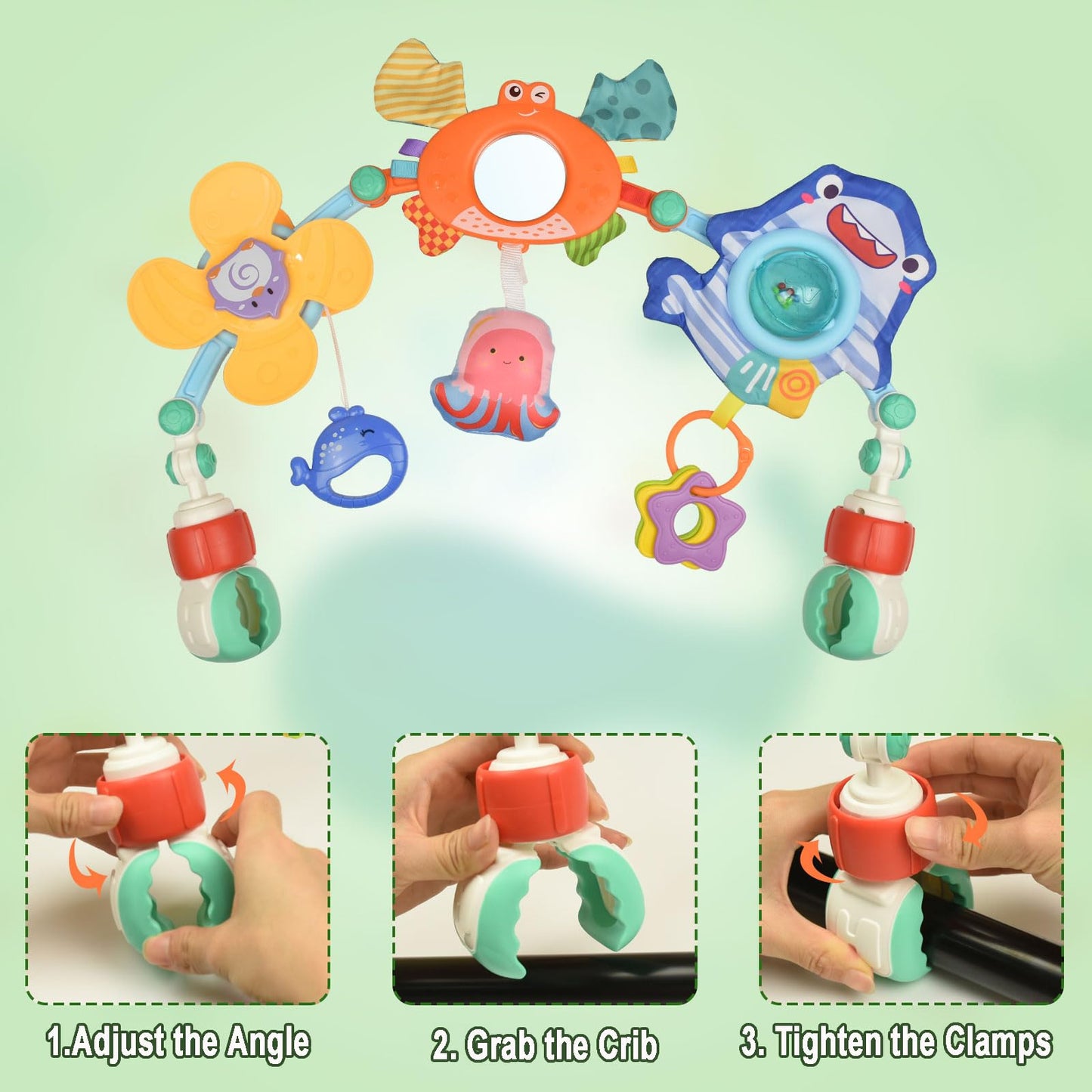 Coriver baby arch pram toy bar with adjustable clip, colorful sensory toys and musical mobile for strollers, cribs, and car seats.