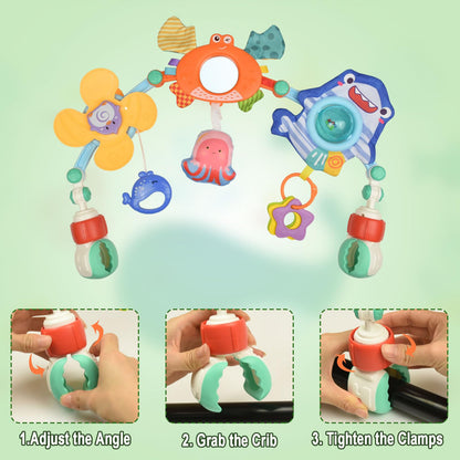 Coriver baby arch pram toy bar with adjustable clip, colorful sensory toys and musical mobile for strollers, cribs, and car seats.