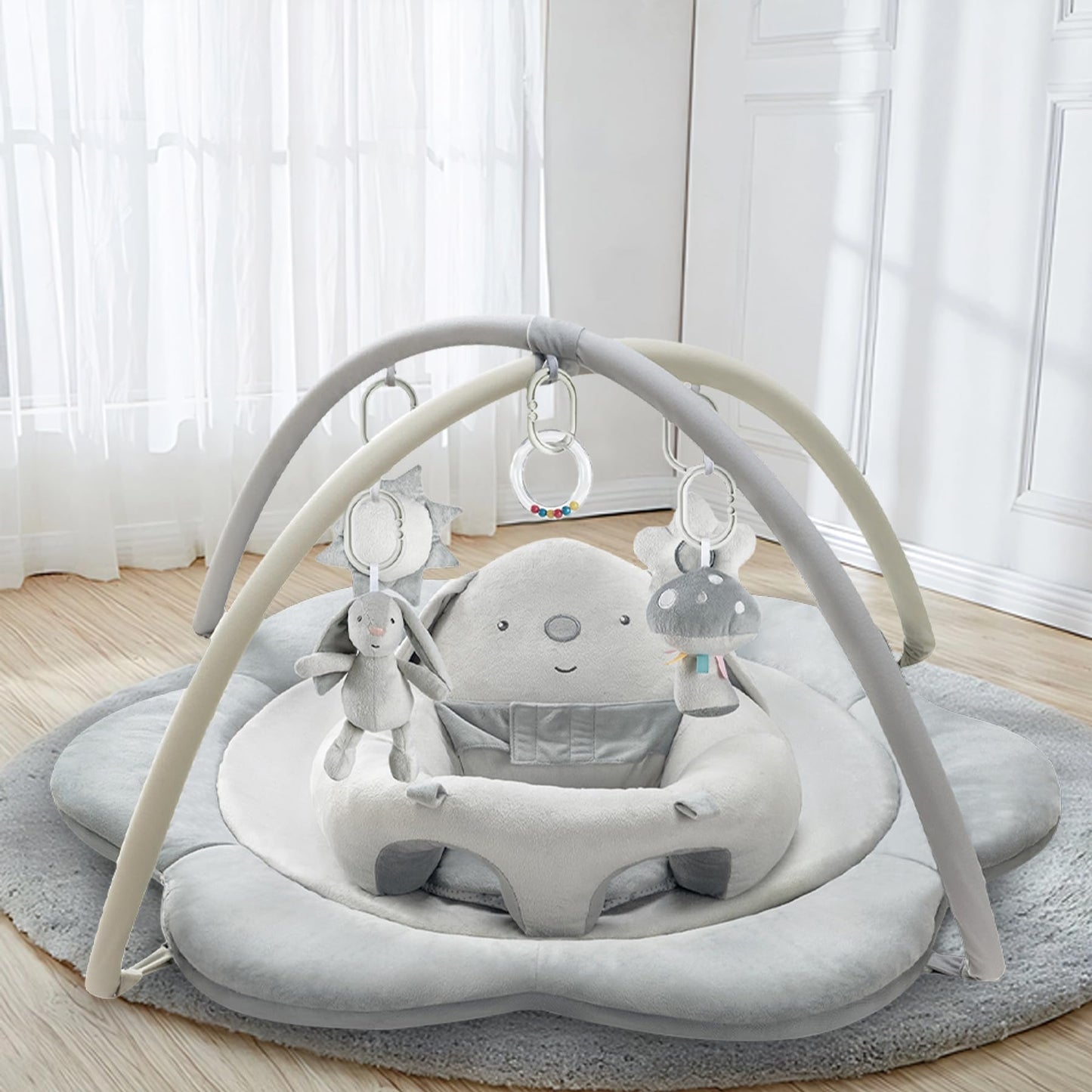 Suihuooo 3-in-1 Baby Play Mat, Baby Seats for Infants to Sitting Up, Mats for Floor Play with 5 Detachable Toys, Baby Gym for Babies 0-6 6-12 Months, Grey