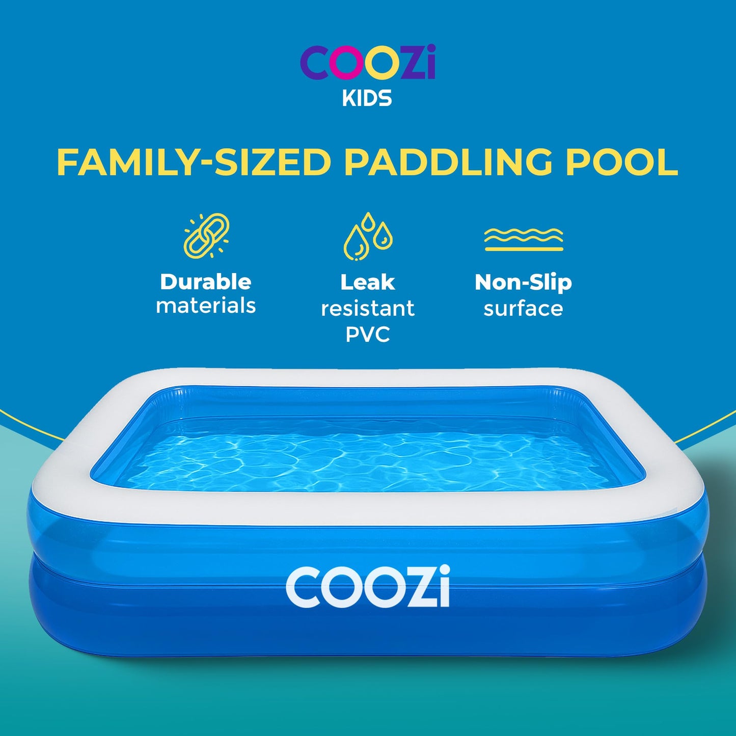 COOZI 2.6M inflatable paddling pool for kids, toddlers, and adults, large rectangular outdoor swimming pool with repair patch