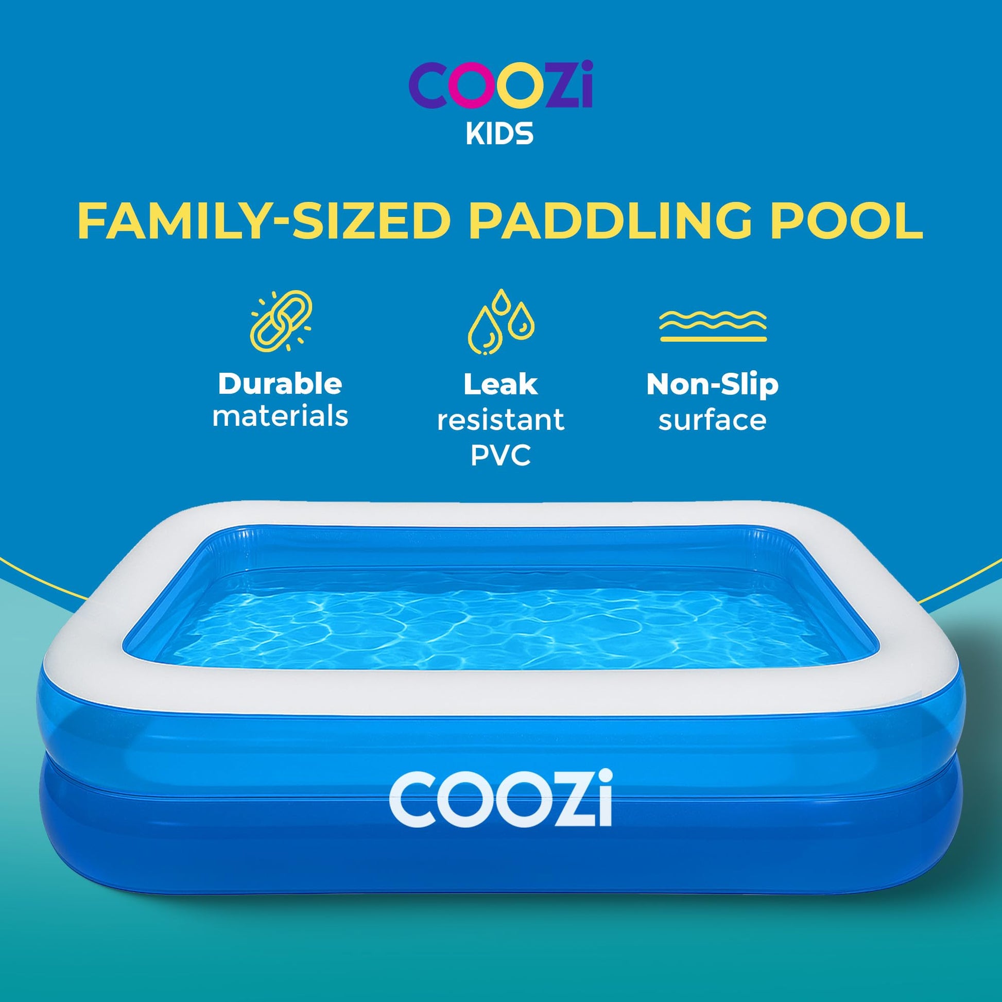 COOZI 2.6M inflatable paddling pool for kids, toddlers, and adults, large rectangular outdoor swimming pool with repair patch