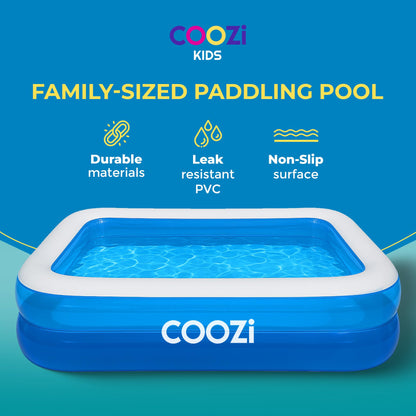 COOZI 2.6M inflatable paddling pool for kids, toddlers, and adults, large rectangular outdoor swimming pool with repair patch