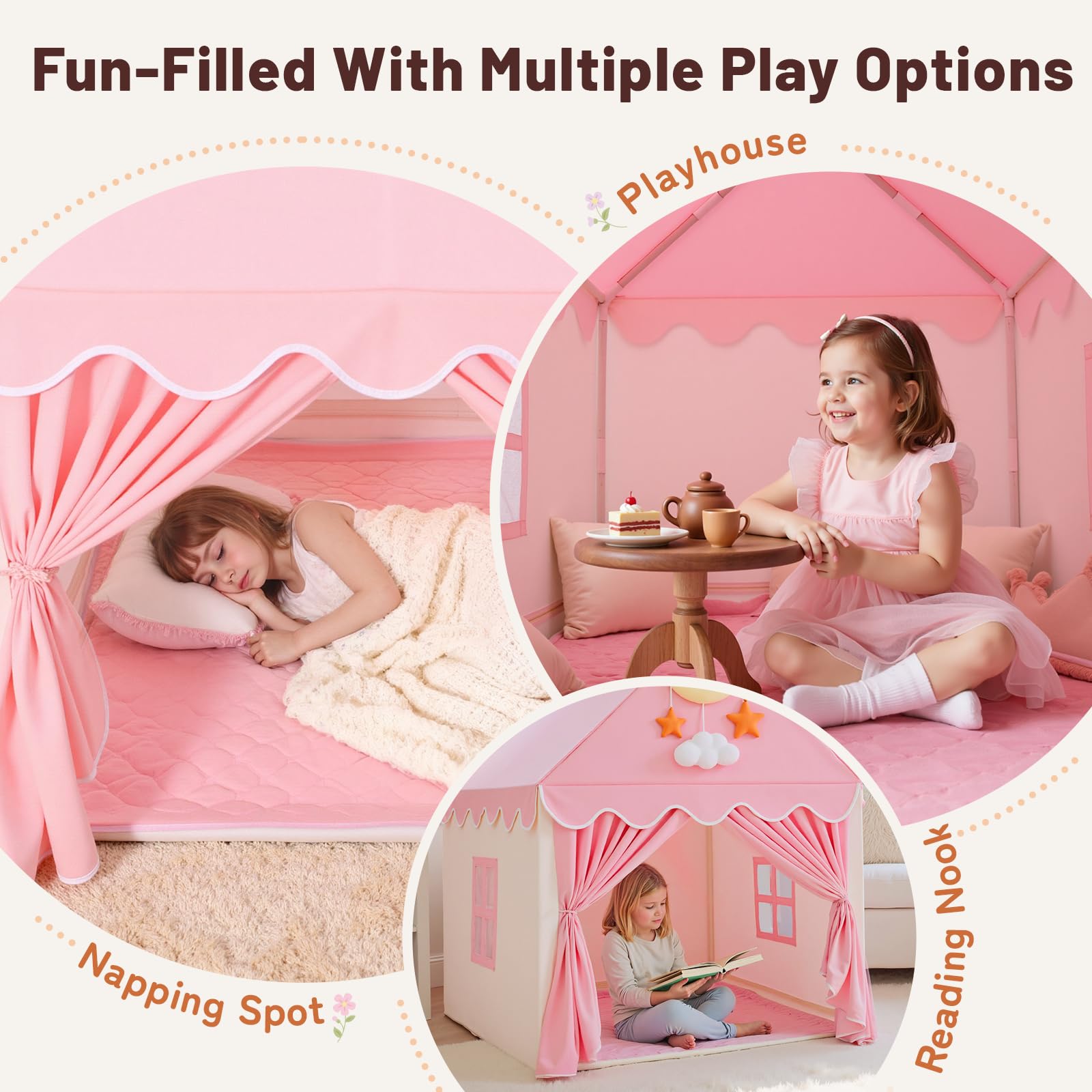 Pink Wilwolfer kids play tent with princess design, indoor toddler playhouse, ideal for girls’ imaginative play and toy house fun.