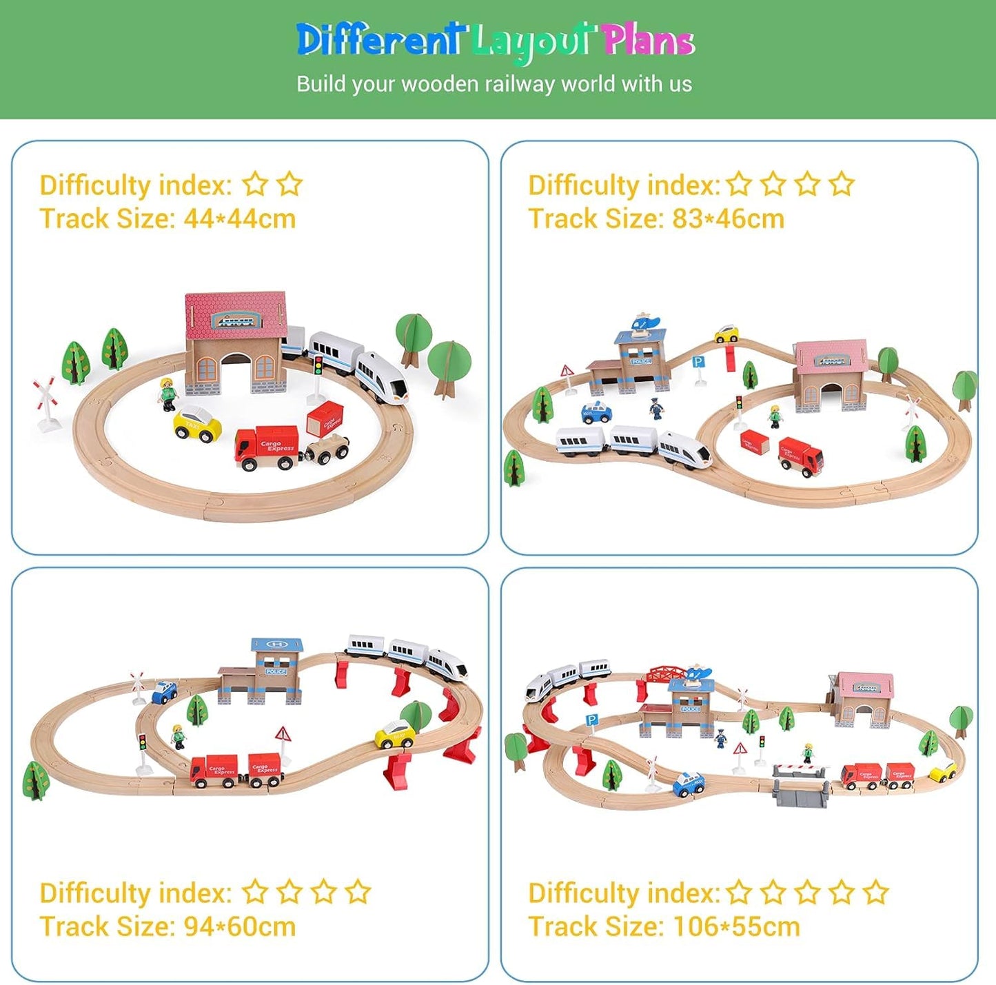 Wooden train tracks set by WY8 with train station, compatible with electric and wooden Thomas trains for kids aged 3+