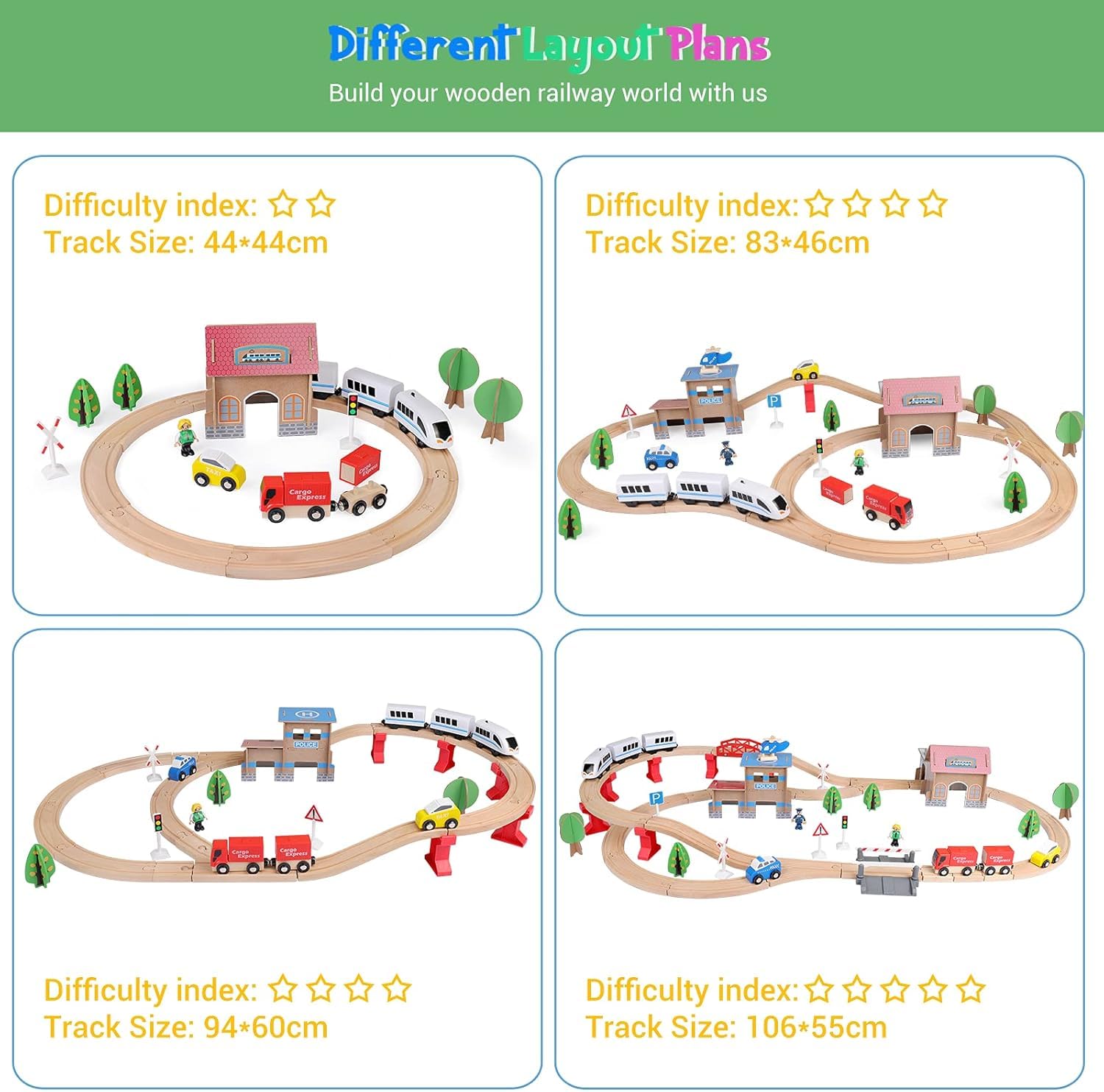 Wooden train tracks set by WY8 with train station, compatible with electric and wooden Thomas trains for kids aged 3+