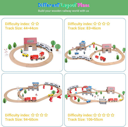 Wooden train tracks set by WY8 with train station, compatible with electric and wooden Thomas trains for kids aged 3+