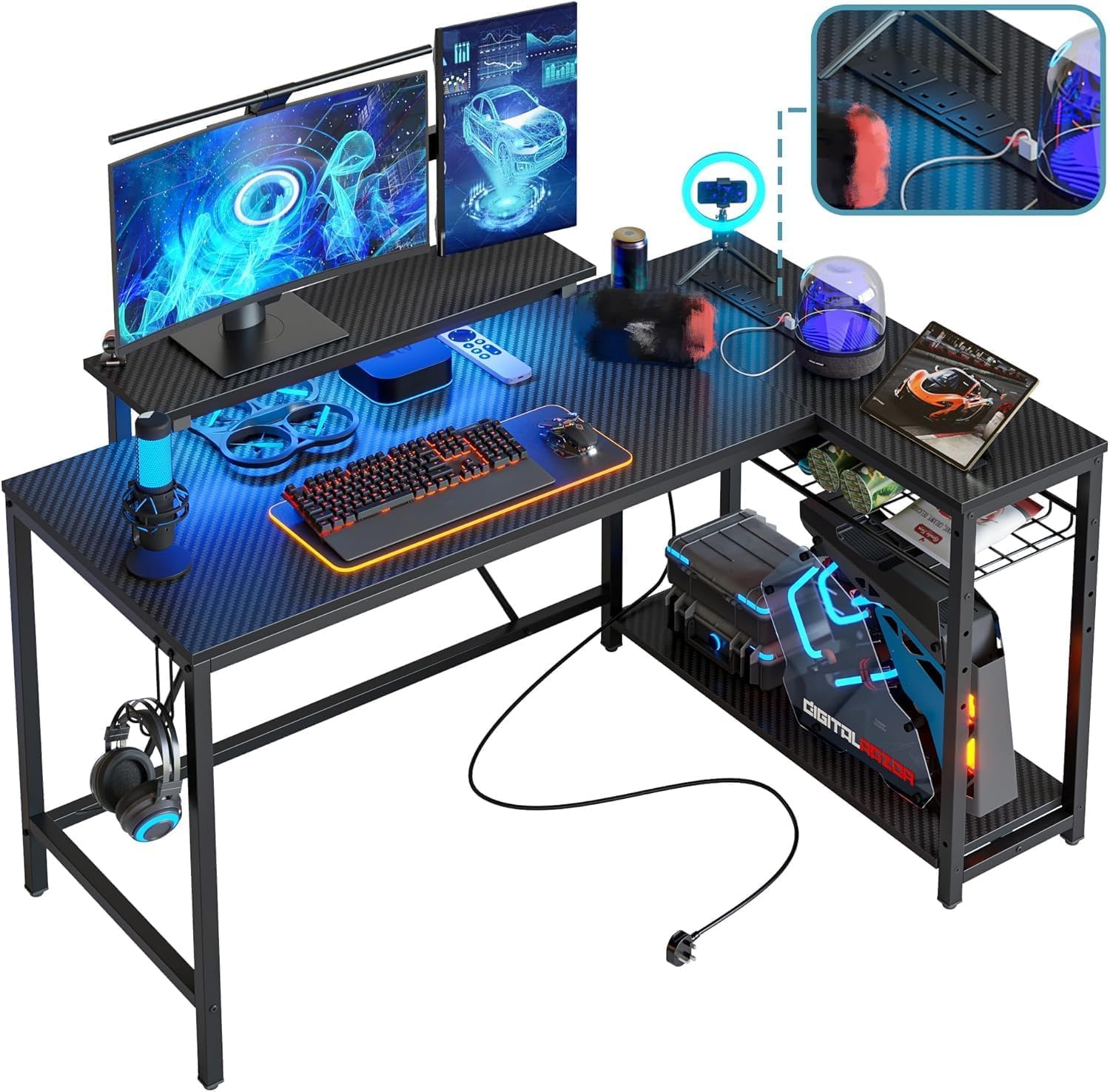 Bestier 132.5cm L-shaped home office workstation with carbon fibre surface, shelves, hooks, LED lights, and built-in power outlets.